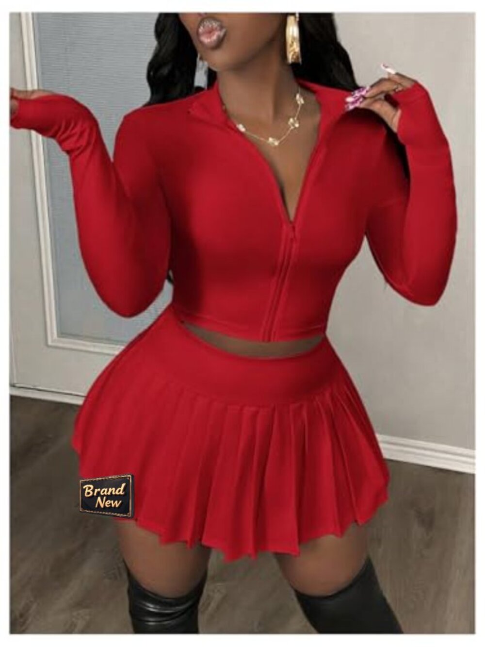2 Piece Skirt Set Crop Top Pleated Mini Skirt Set - Picture 3 of 5